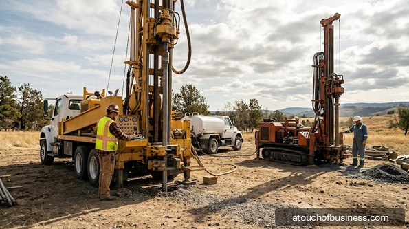 Workers operate two well-drilling rigs at an unpaved rural construction site.