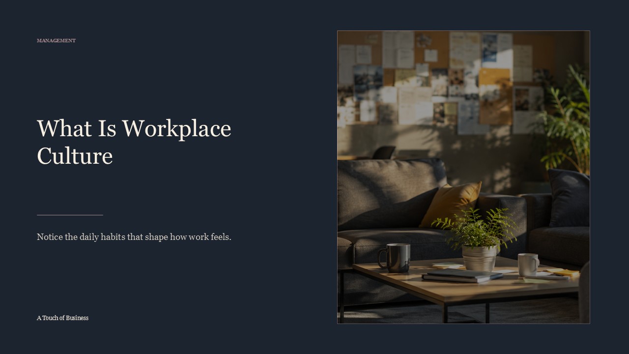 Realistic cinematic image of a sunlit lounge with sofas, plants, mugs, and a note-covered board for a management article.