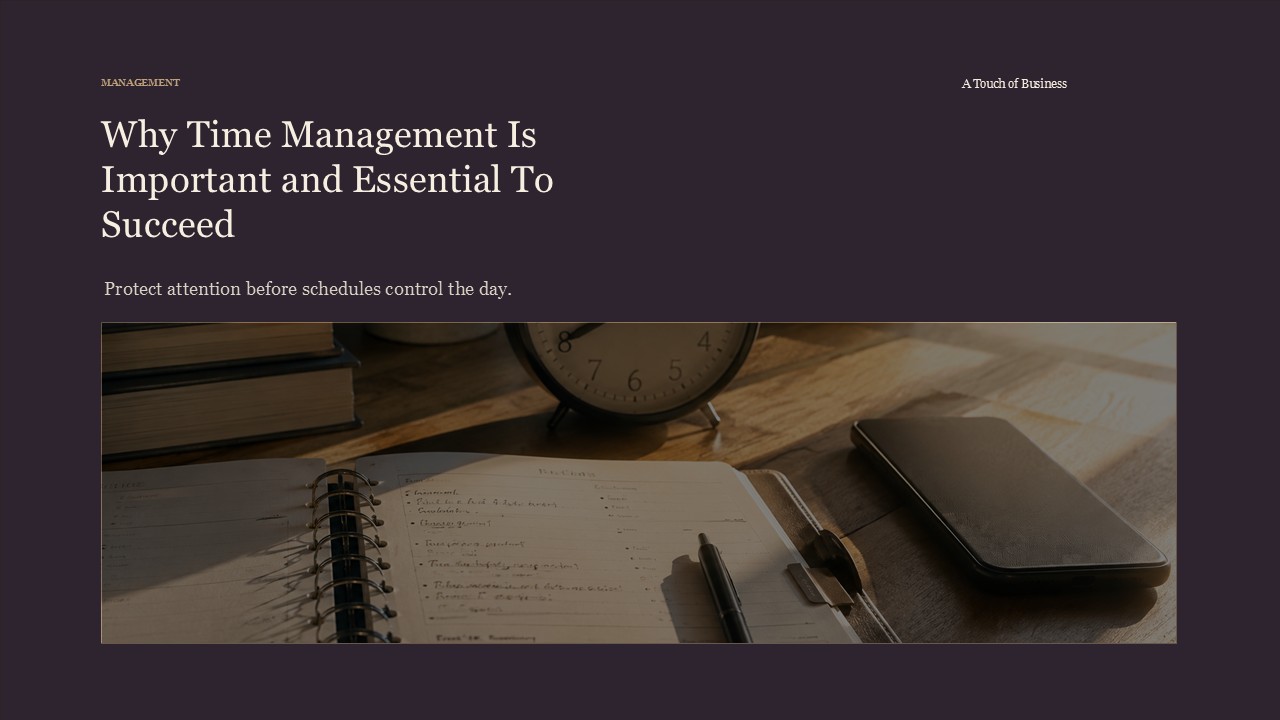 Realistic cinematic image of a sunlit planner, clock, phone, and pen on a wooden workspace for a management article.