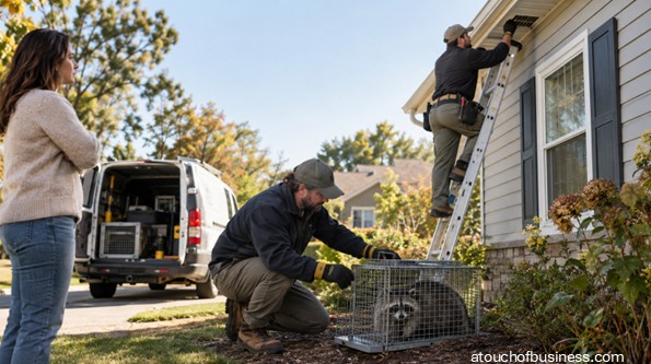 Wildlife removal technicians securing a raccoon trap beside a suburban home.