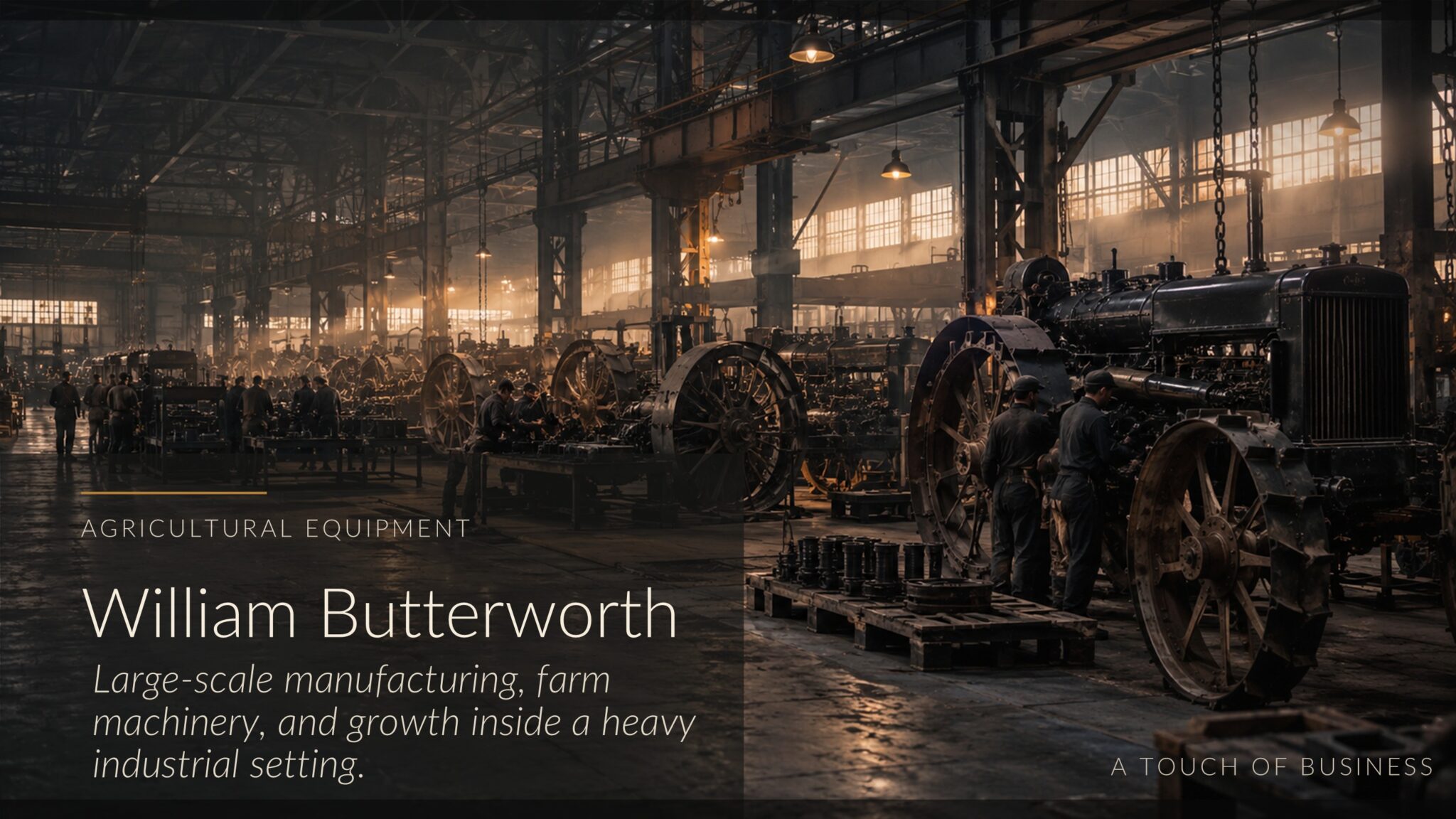 Large early twentieth-century factory with heavy farm machinery, spoked tractor wheels, cranes, and workers.