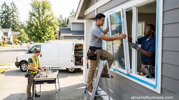 A construction crew is installing a new window on a residential house exterior.