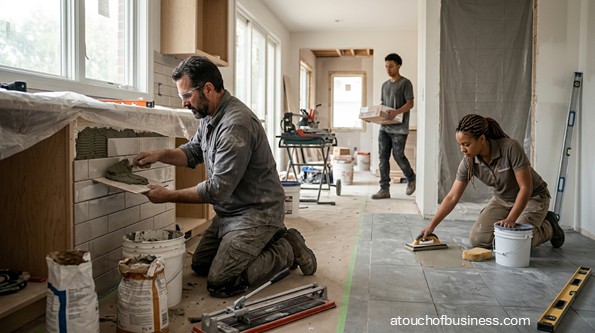 Workers install tile backsplashes and flooring in a house renovation.