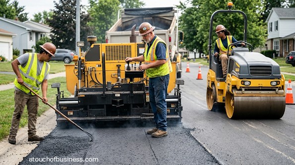 A construction crew paves a residential road with an asphalt paver and a roller.