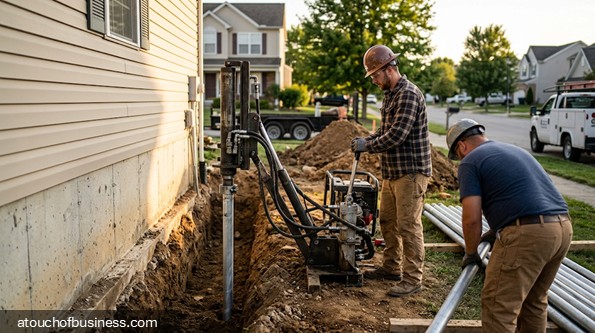 Two workers operating machinery in a trench to repair a house foundation.
