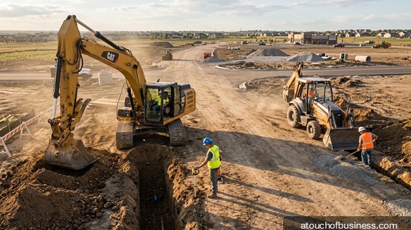 Construction workers operate a yellow track excavator and a backhoe on a new development site.