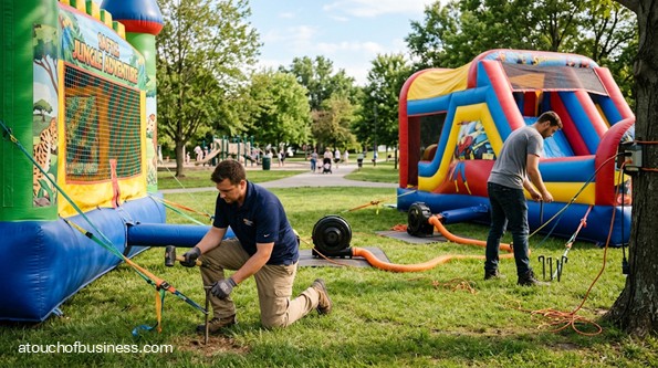 Two workers staking down colorful inflatable bounce houses on a grassy park lawn.
