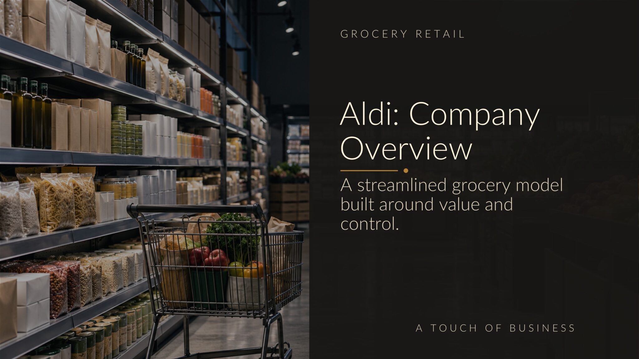 Cinematic view of a grocery store isle and a shopping cart.