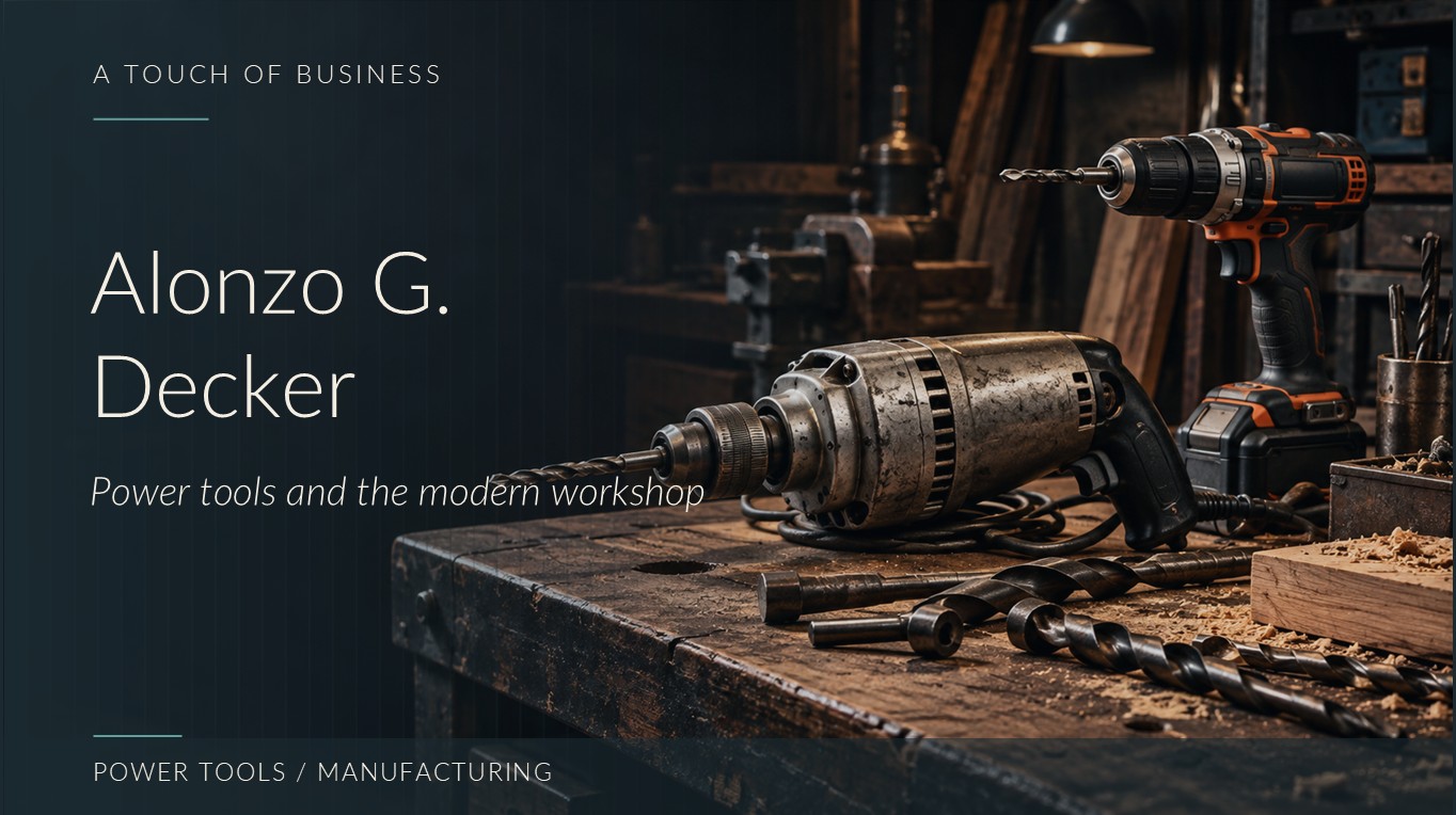Vintage and modern electric drills rest among bits and wood shavings on a dimly lit workshop bench.