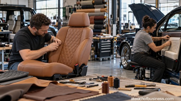 Auto upholstery workers repairing a car seat and interior door panel in a workshop