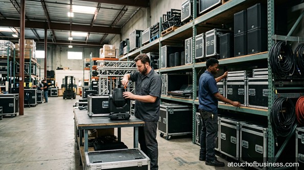 A man repairs a stage light in a large warehouse filled with stacked audio visual equipment flight cases.