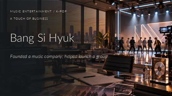 A photograph of a K-pop music production studio at sunset, featuring recording equipment, a mixing laptop, headphones, music awards, and a dance rehearsal stage with performers in the background.