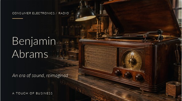 Warmly lit vintage wooden radio and phonograph on a dark workshop table with a brass tuning dial and open record player.