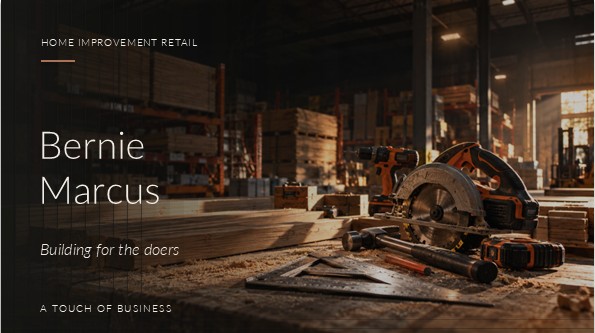 A lumber warehouse workbench holds an orange circular saw, drills, wooden boards, hand tools, and sawdust in warm industrial light.