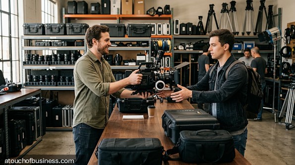 A staff member hands a cinema camera rig to a customer in a well-stocked equipment rental store.
