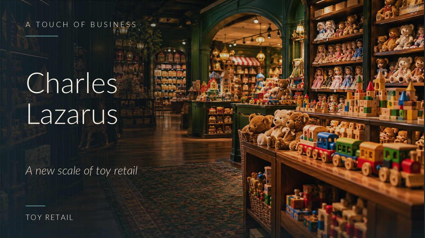 Warmly lit toy shop with plush animals, wooden trains and shelves full of toys.
