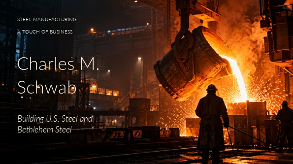 Glowing industrial steel foundry with furnace, sparks and back-facing workers.