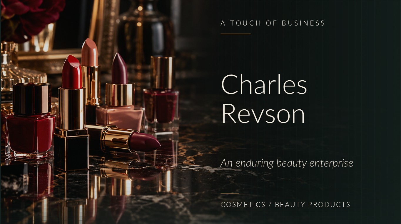 Red and plum lipsticks with nail polish arranged on reflective dark marble.