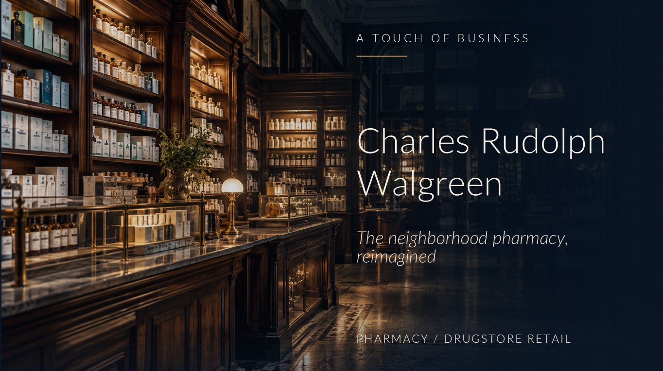 Warmly lit wooden pharmacy shelves and glass counters recede into a shadowed aisle.
