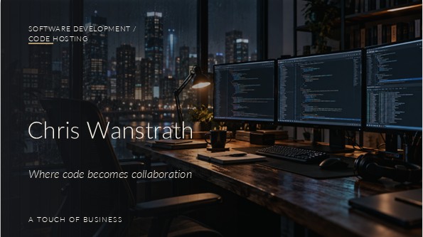 A nighttime software developer desk with multiple code-filled monitors beside rain-streaked windows and city lights.
