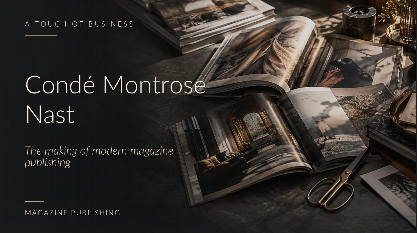 Open glossy magazines and brass scissors on a shadowed dark stone editorial desk.