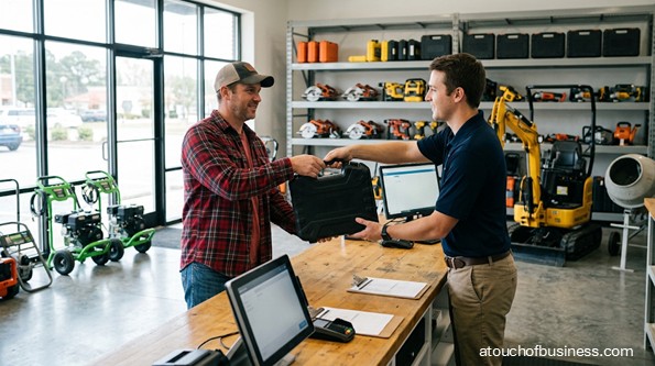 Two men complete a transaction at a tool rental business counter.