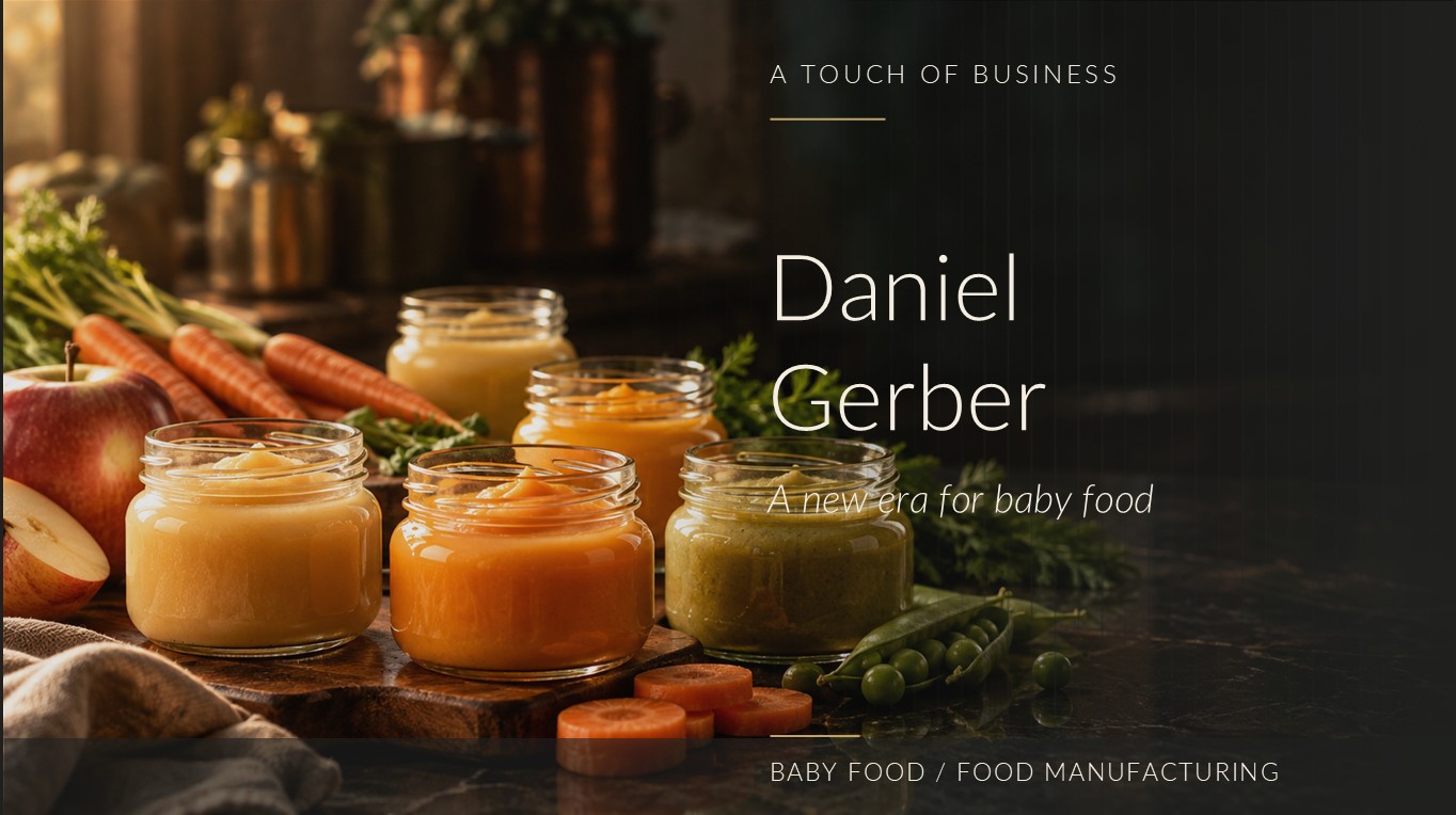 Glass jars of fruit and vegetable purées sit beside carrots, apples, and peas on a dark kitchen counter.