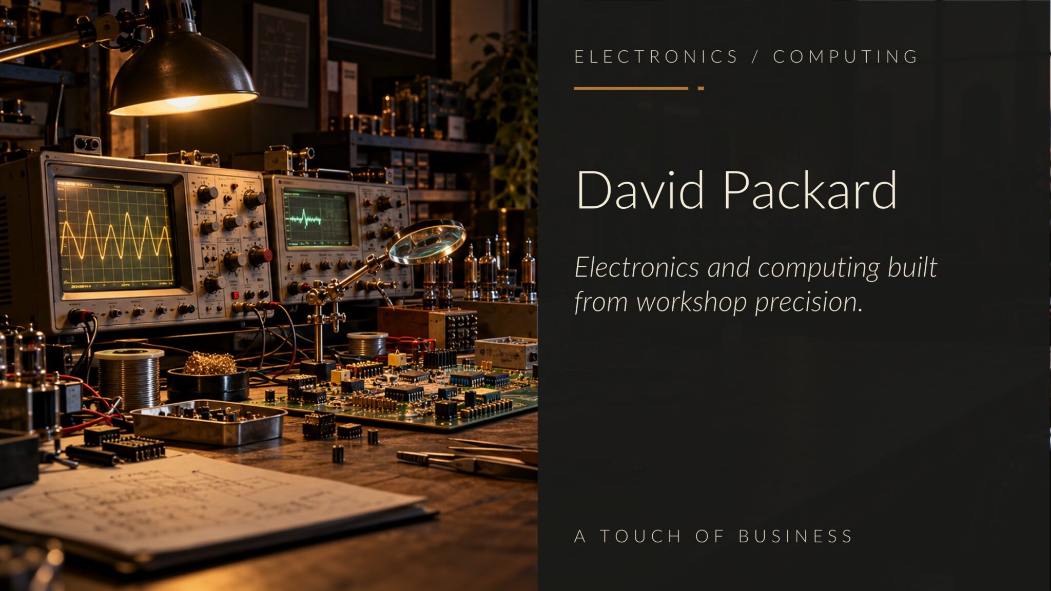 Moody electronics workshop with oscilloscopes, circuit boards, tools, and warm lamplight.