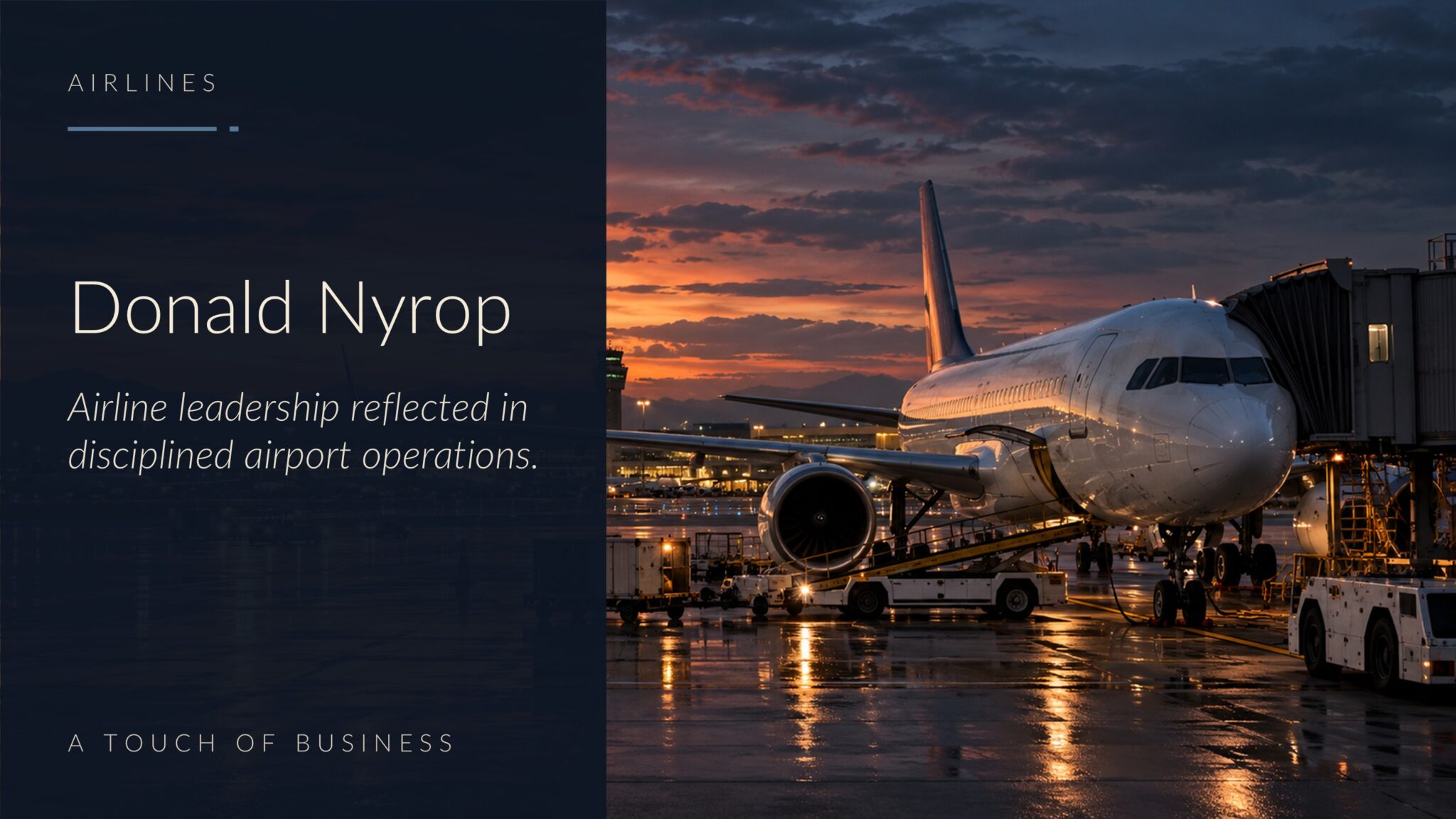Commercial aircraft at a wet airport ramp with baggage carts and sunset lighting.