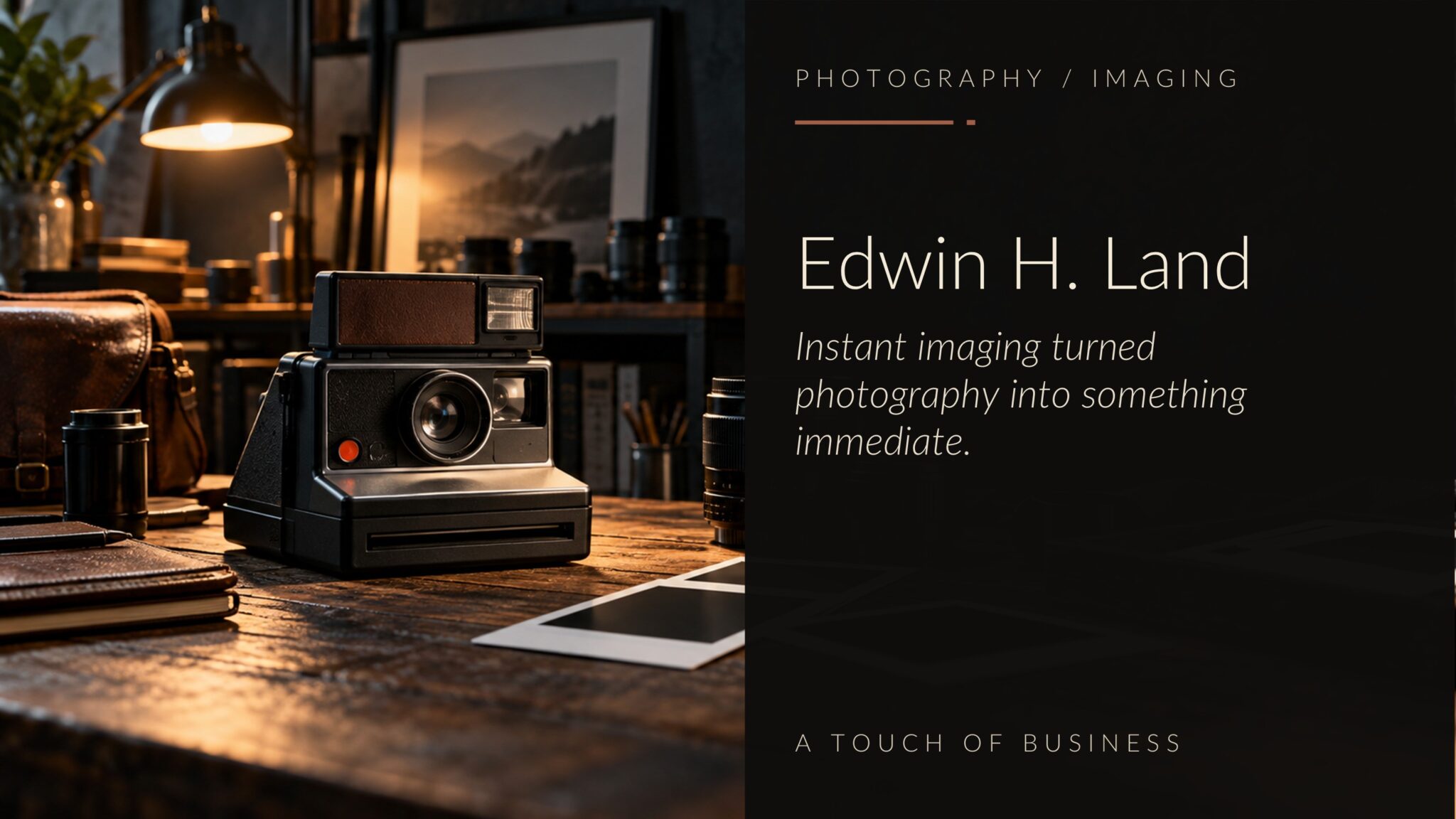 Vintage instant camera and photo prints on a moody wooden photography workspace.