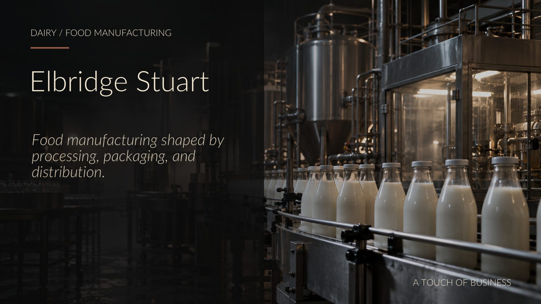 Cinematic editorial image representing Elbridge Stuart: dairy / food manufacturing context tied to co-founding the Carnation Company.