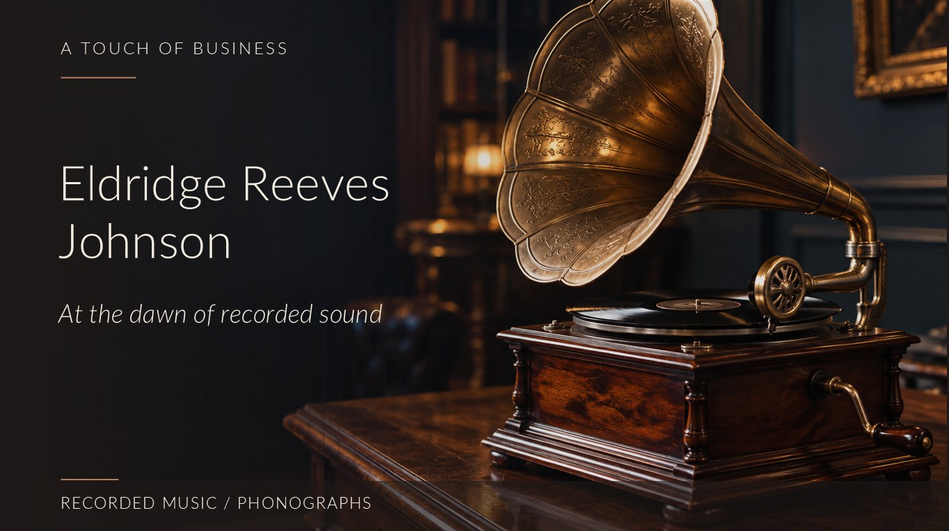 An antique wooden gramophone with a large brass horn sits on a polished table in a dim interior.