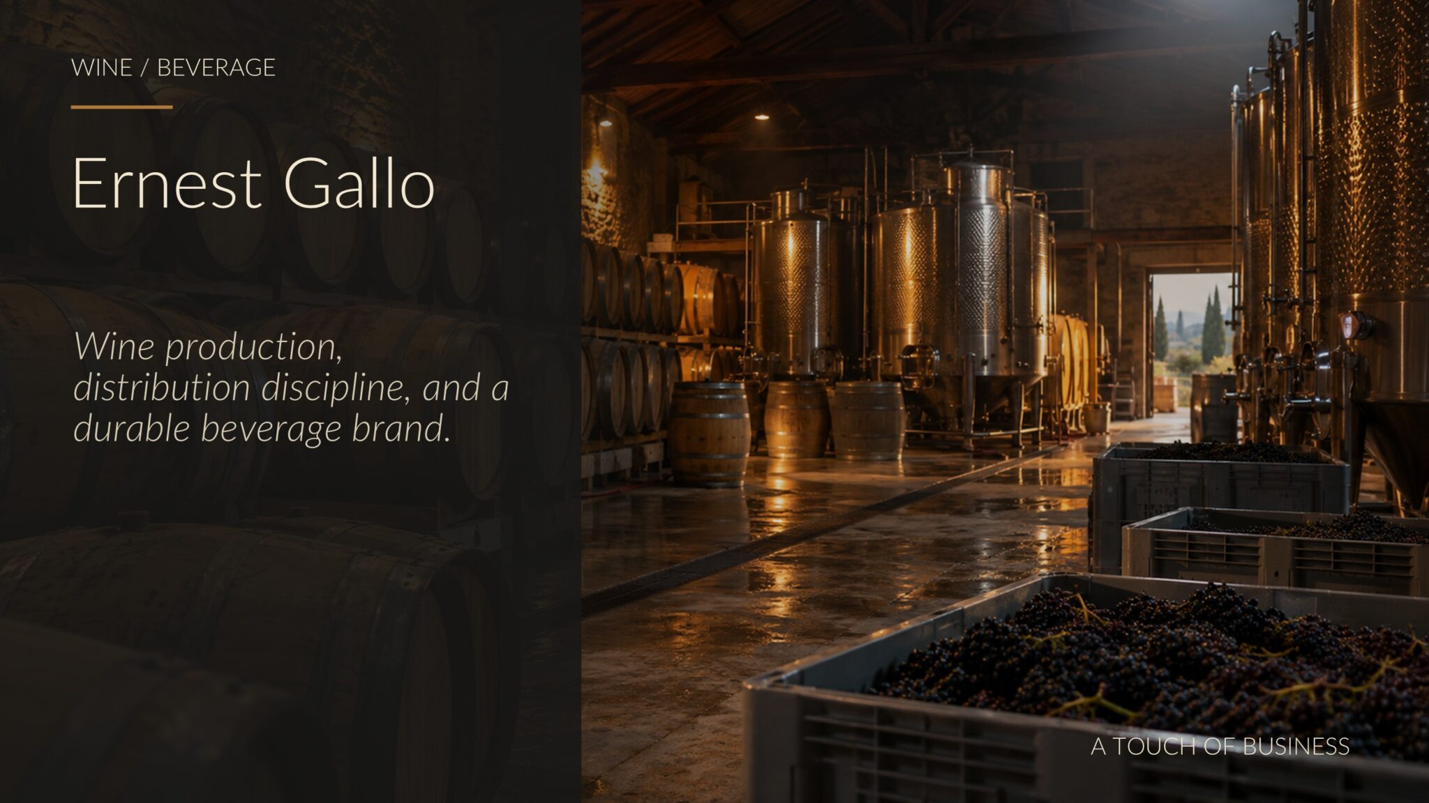 Cinematic editorial image representing Ernest Gallo: wine / beverage context tied to co-founding E. & J. Gallo winery.