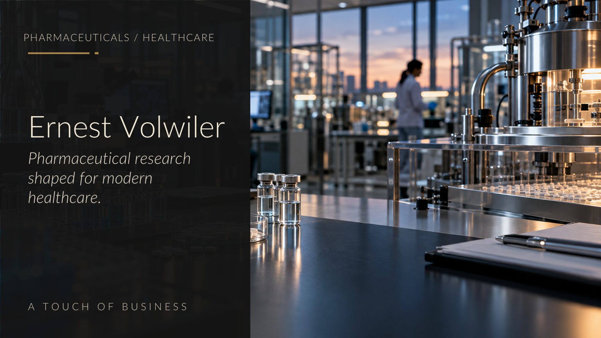 Modern pharmaceutical laboratory with vials, pills, glassware, and bioprocessing equipment.