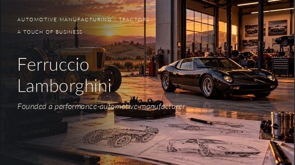 A photograph of a vintage tractor and dark sports car outside an automotive workshop at sunset, with engineering blueprints and mechanical components in the foreground.