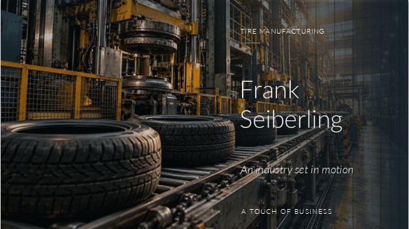 Rows of newly made automobile tires on a conveyor through a sunlit, metal-framed tire manufacturing hall.