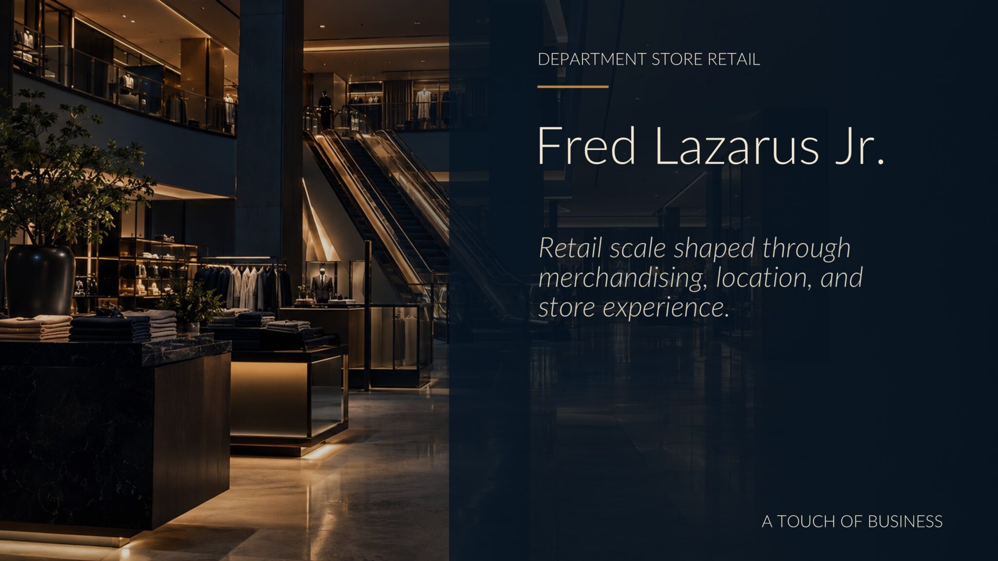 Cinematic editorial image representing Fred Lazarus Jr.: department store retail context tied to building federated department stores.