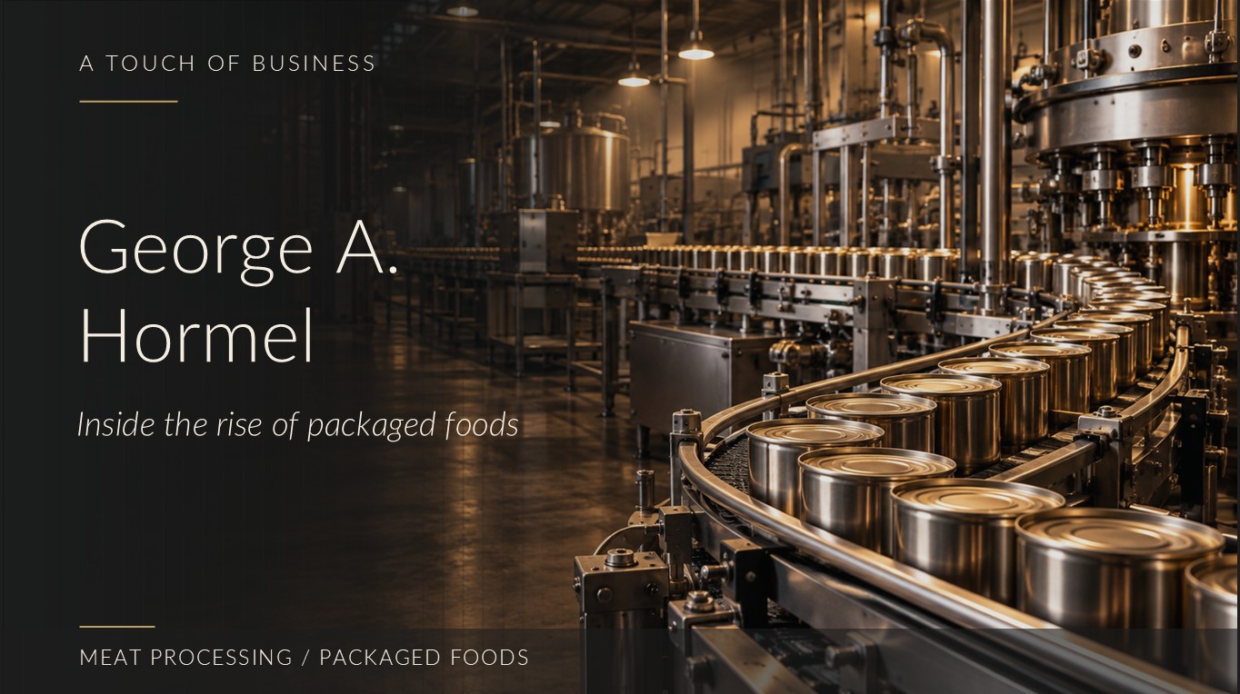 Rows of unlabeled metal cans pass along a stainless-steel packing line inside a warmly lit factory.