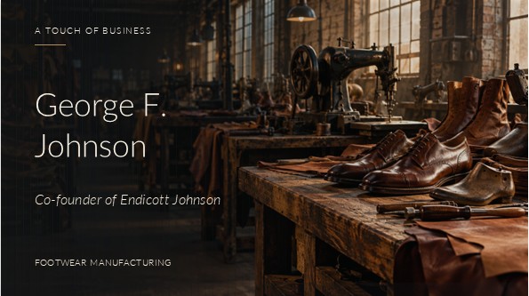 Leather shoes and vintage stitching machines on wooden workbenches in a softly lit footwear workshop.