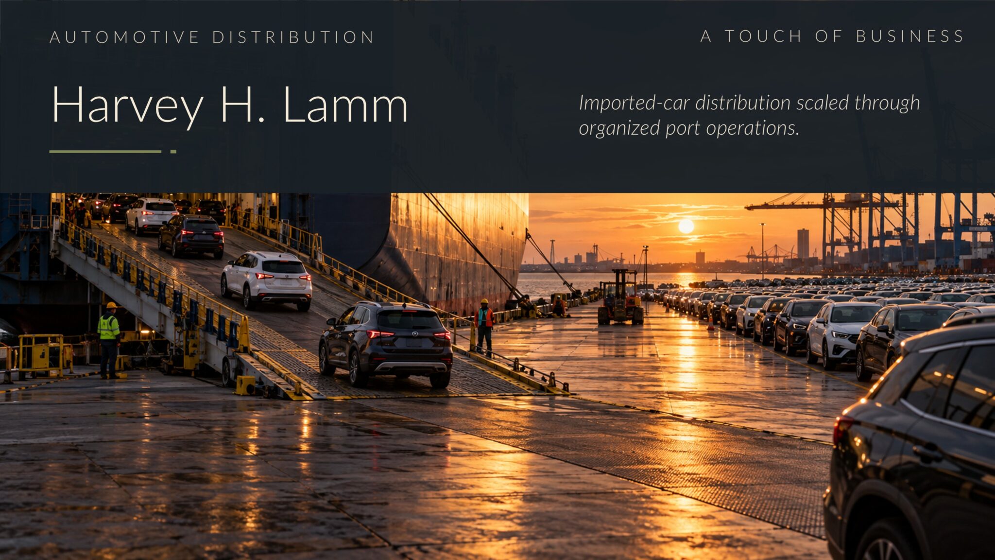 Cars being loaded on a large vehicle carrier at a wet port during sunset.