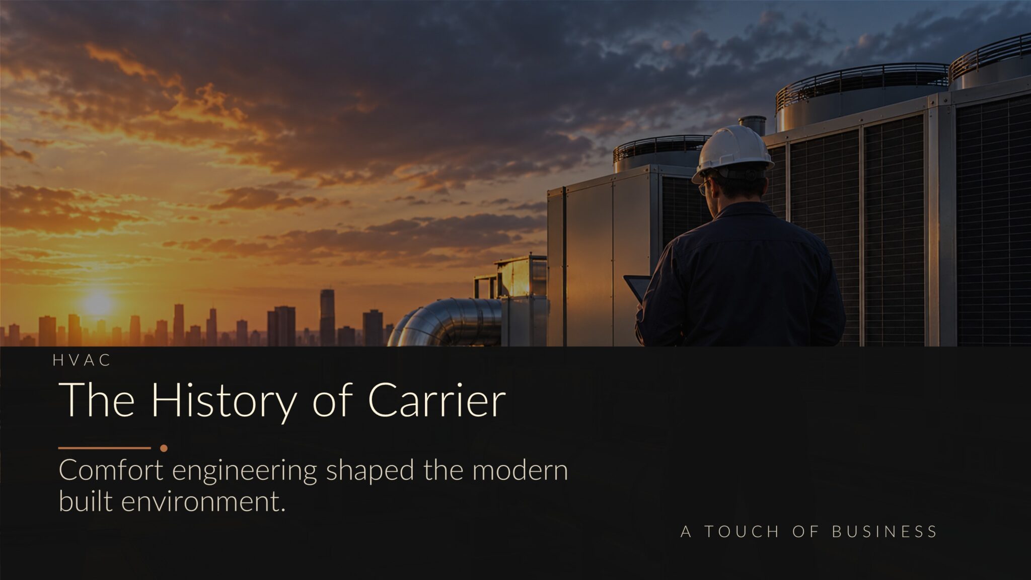Rooftop HVAC equipment at sunset with a technician inspecting controls beside large chillers.