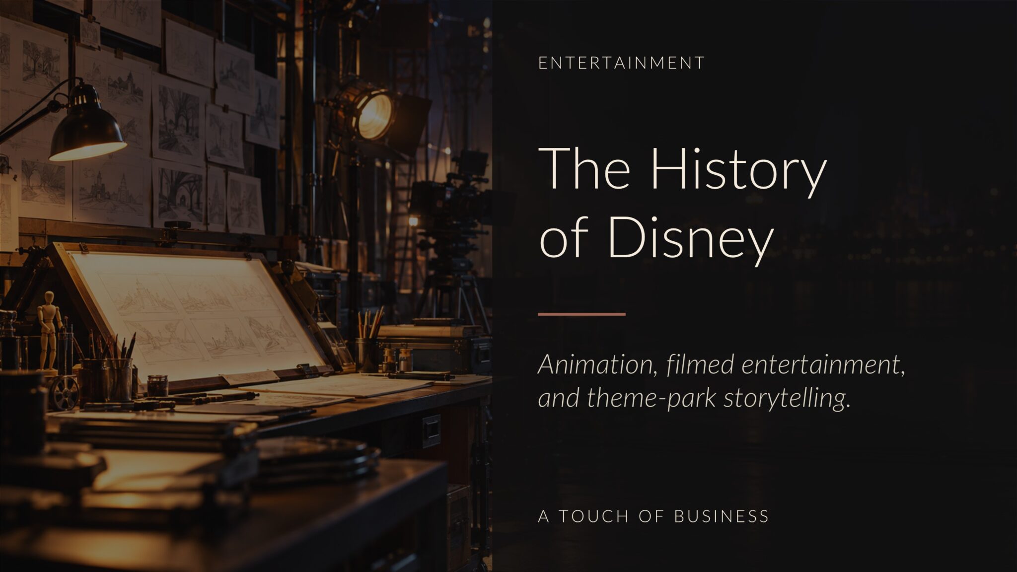 Animation studio with storyboards, film equipment, and a glowing theme-park skyline.