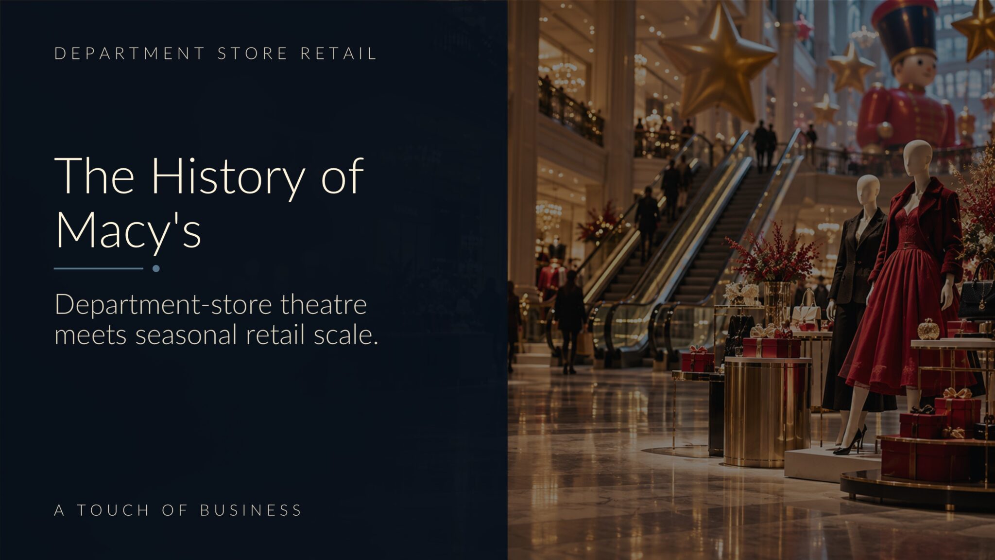 Festive cinematic department-store atrium with mannequins, escalators, gifts, and holiday décor.