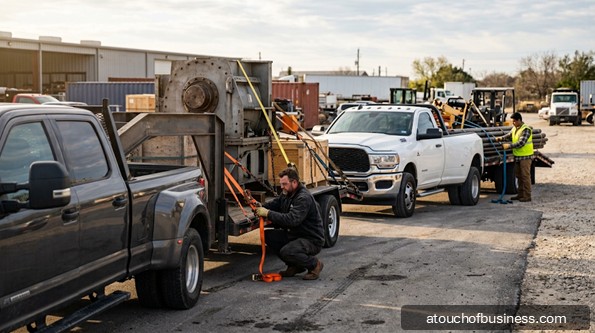 A driver straps down heavy machinery onto a flatbed trailer in an industrial yard.