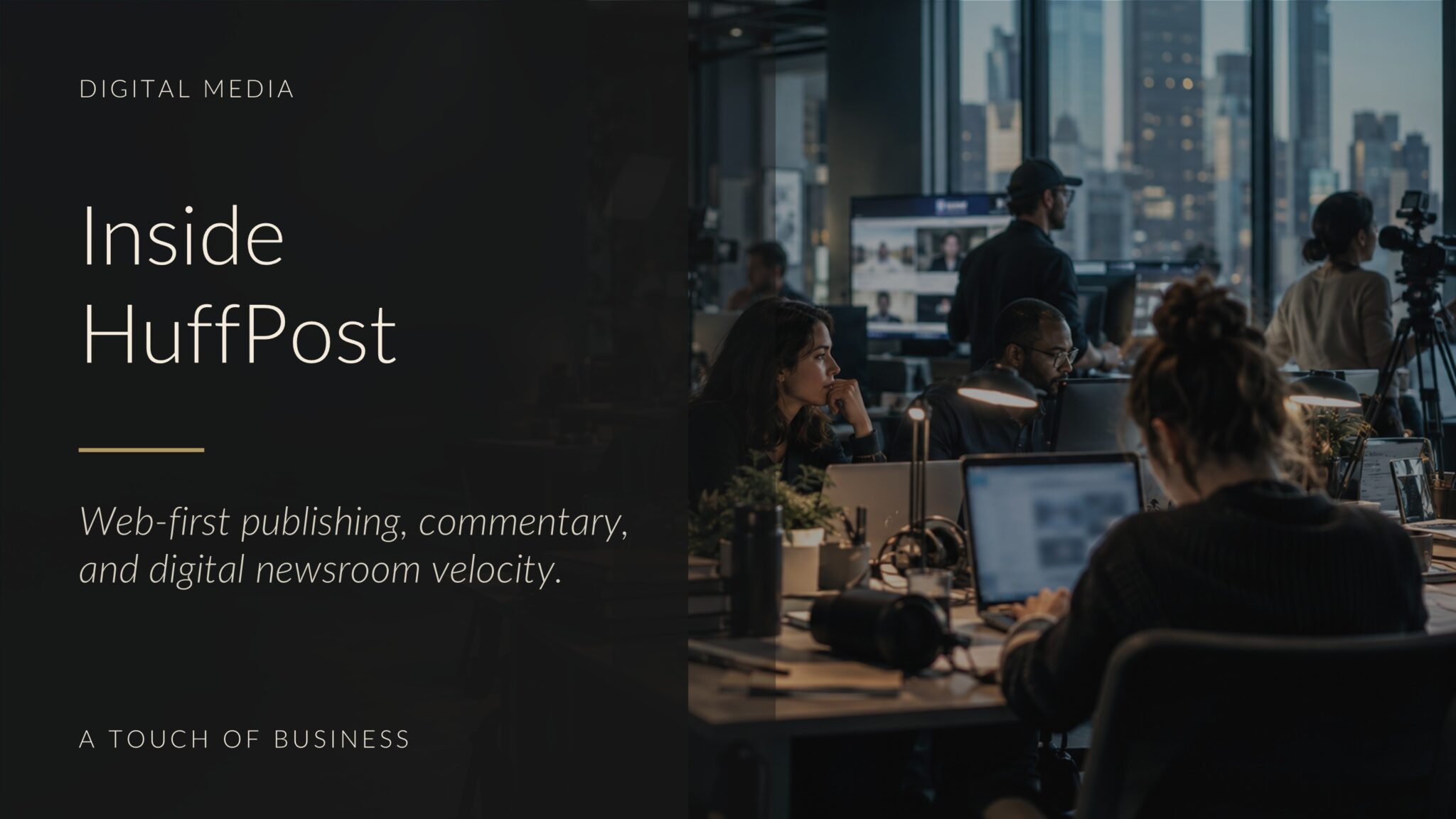 Modern digital newsroom with writers, laptops, cameras, and city windows.