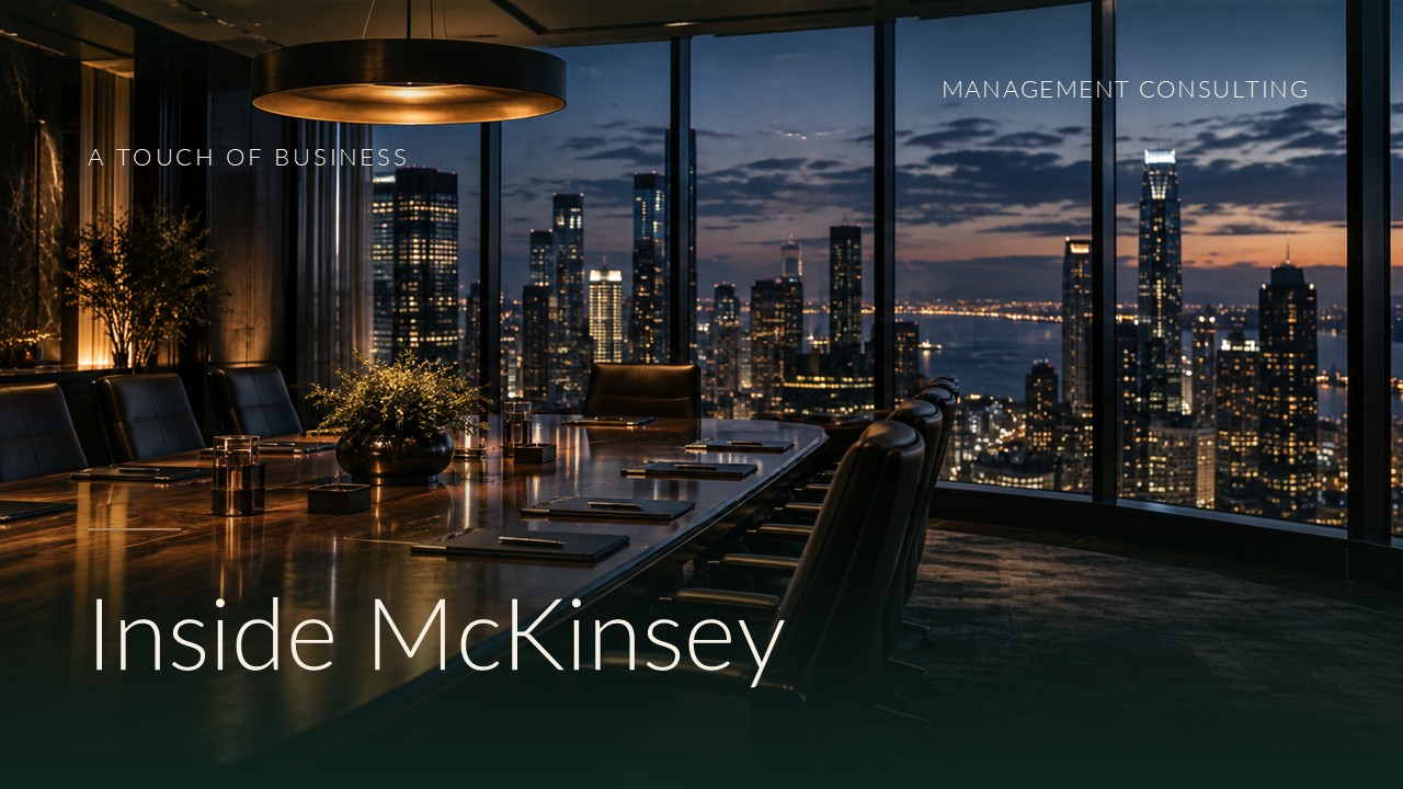 Moody executive boardroom with long conference table and city skyline through tall windows.