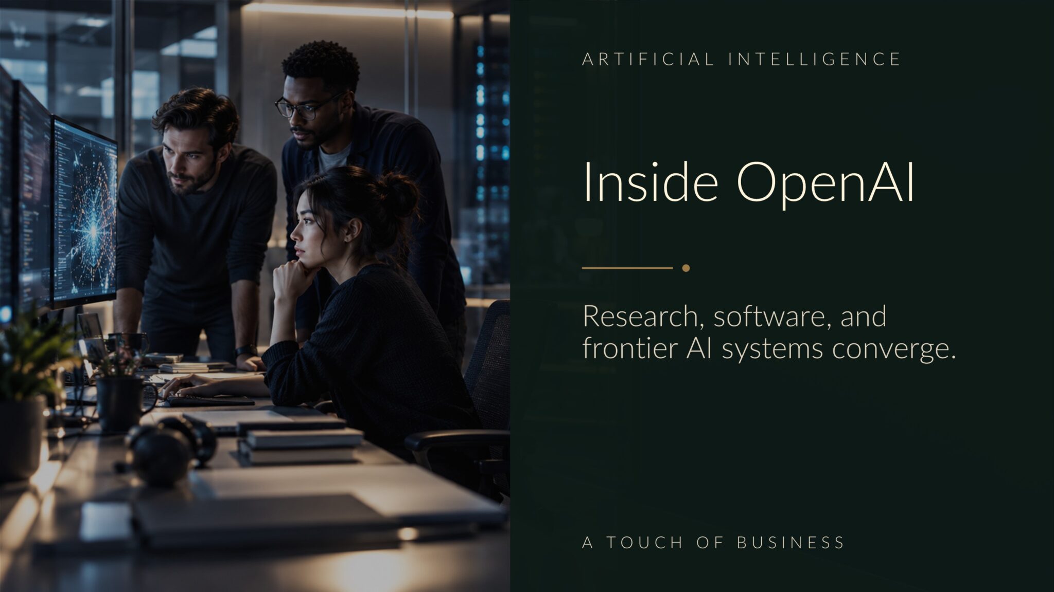 Cinematic AI research lab with engineers studying data on monitors near server racks.