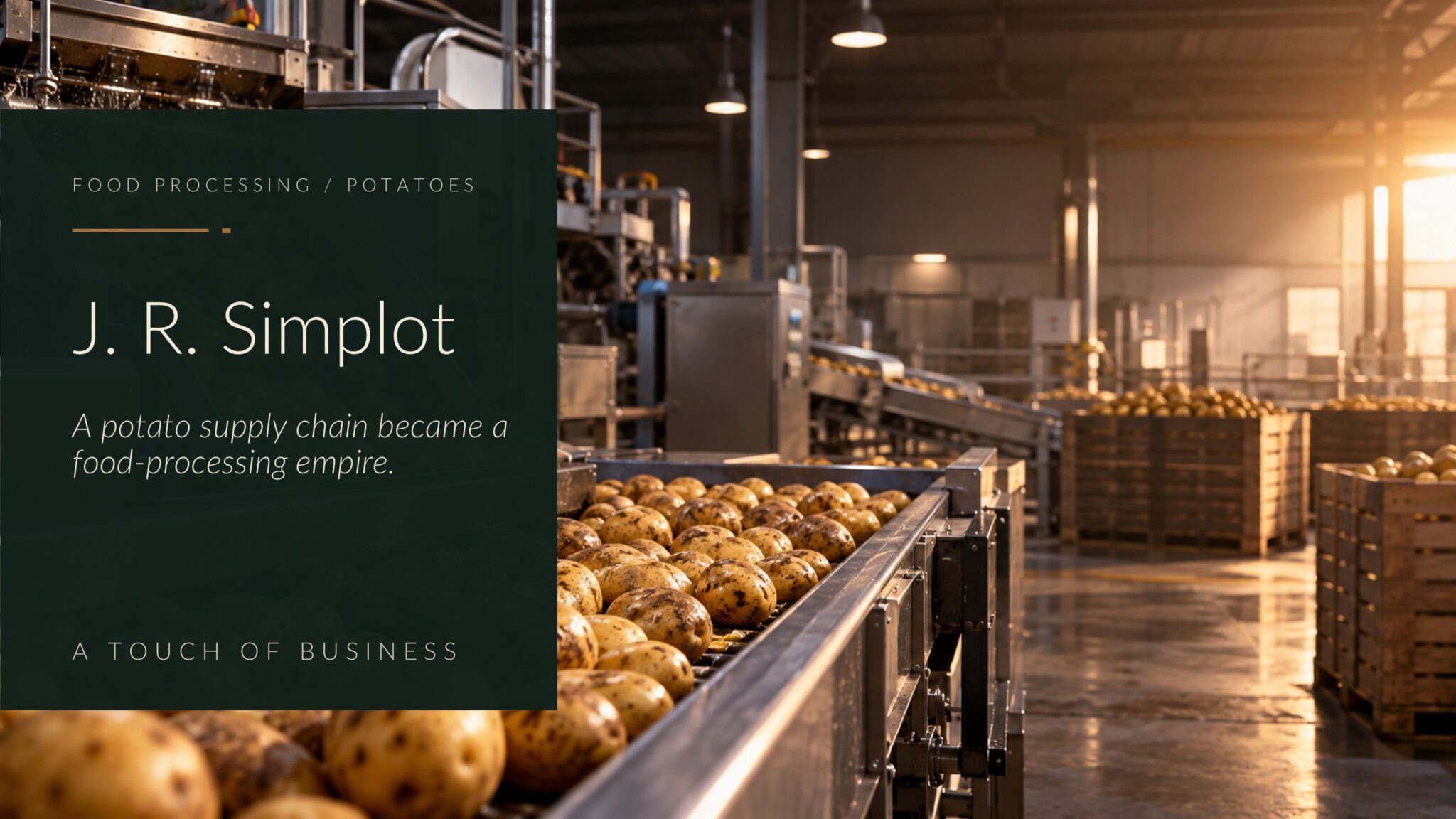 Potatoes moving through stainless-steel conveyors inside a warm industrial processing facility.