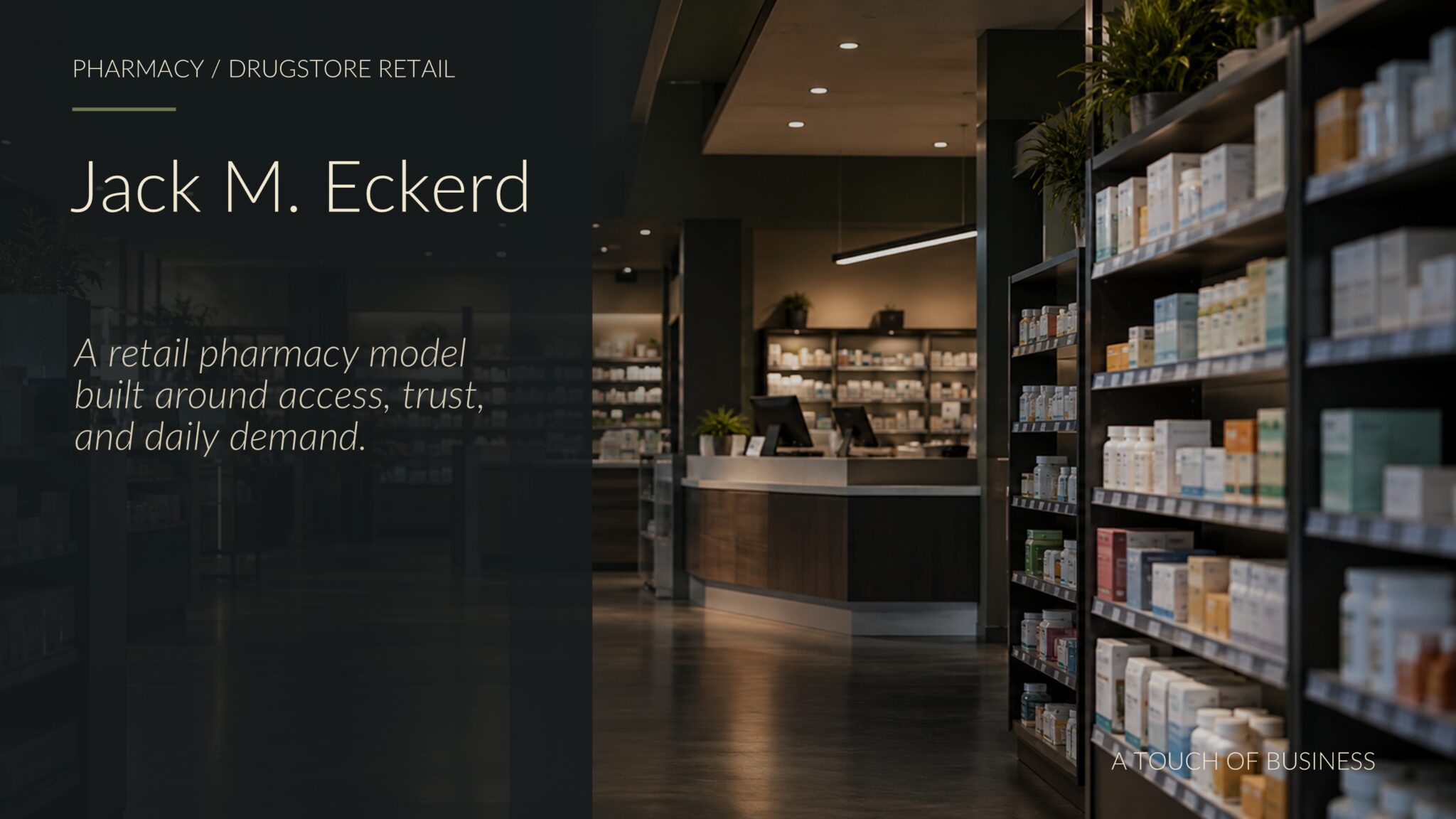 Cinematic editorial image representing Jack M. Eckerd: pharmacy / drugstore retail context tied to building the Eckerd drugstore chain.