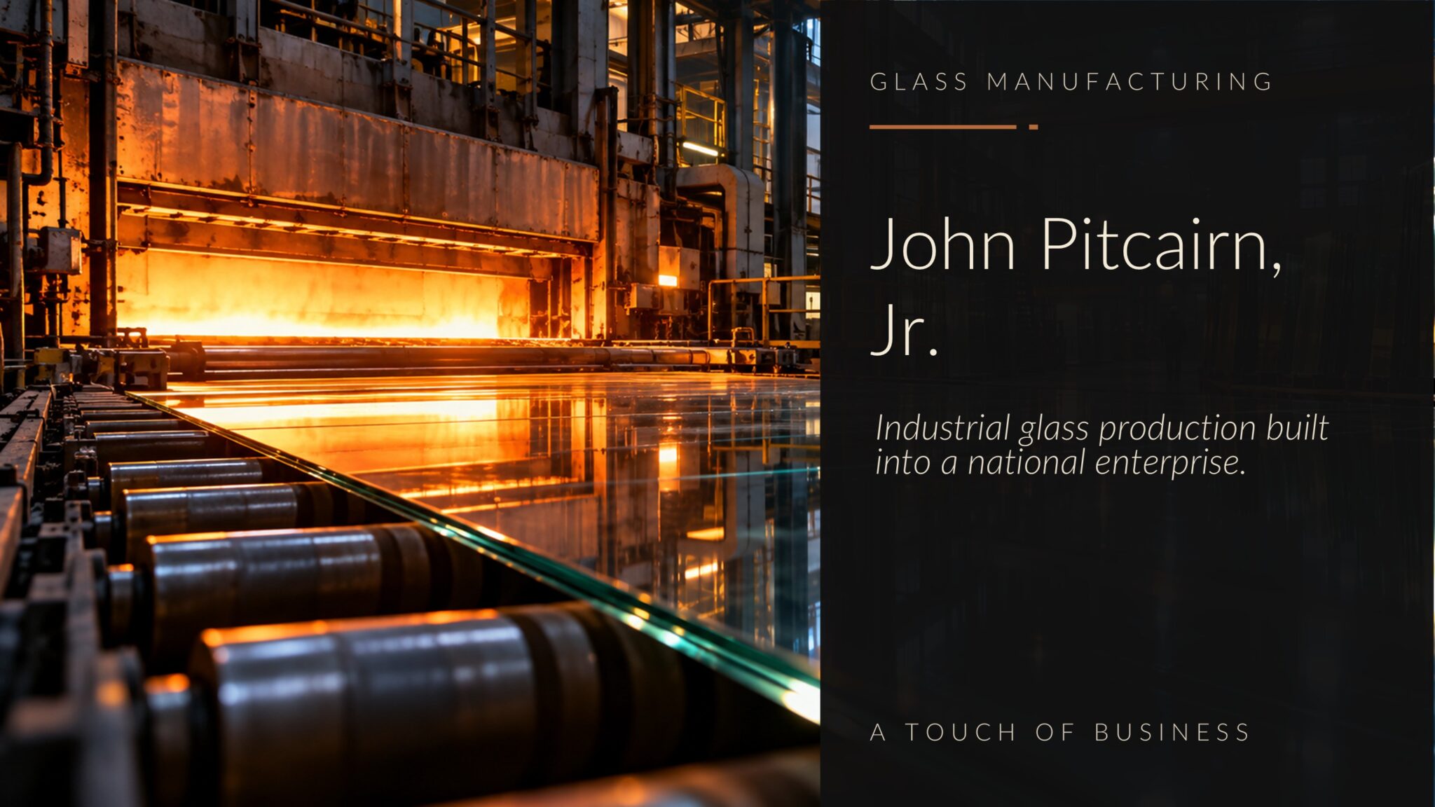 Large glass factory with glowing furnace light, reflective glass sheets, and industrial machinery.